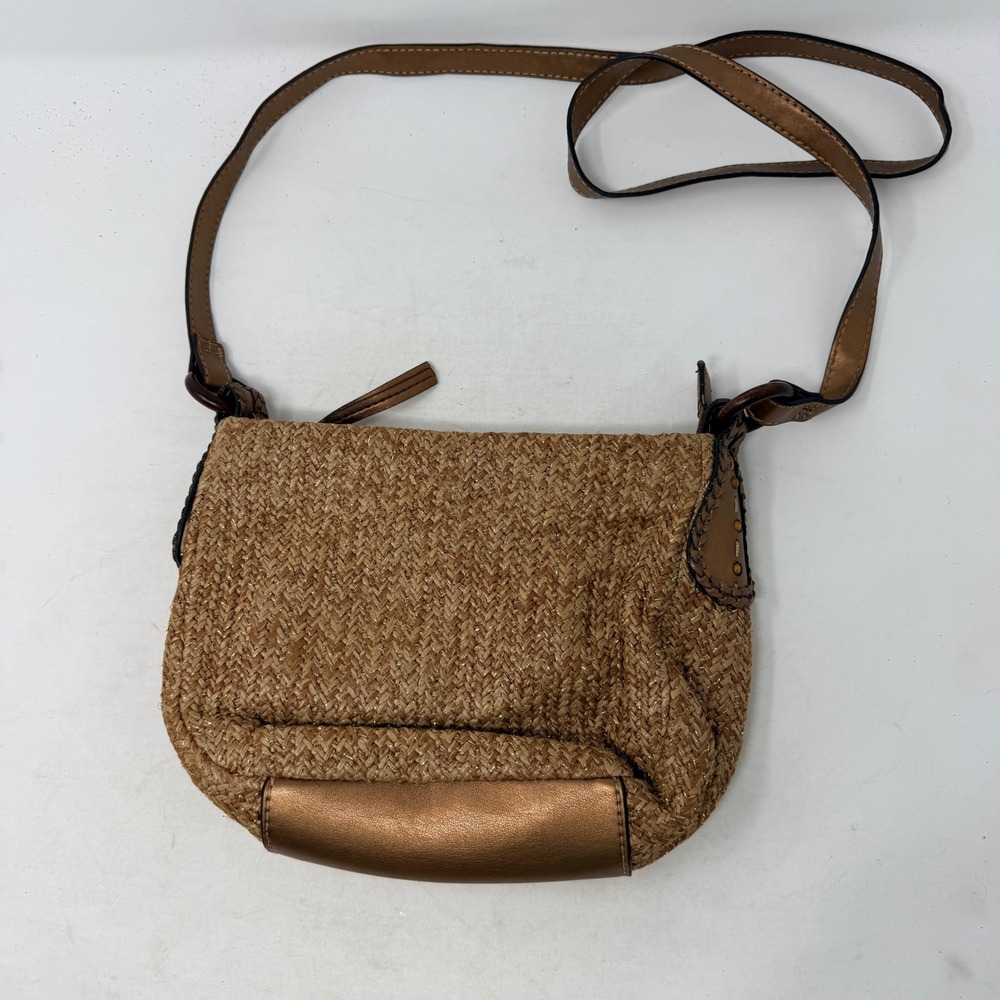 Fossil Crossbody Bag Brown Small Woven Straw Metallic Boho Summer